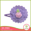 Mini pink satin rose with green leaves Purple felt flower snap clips